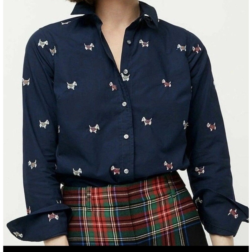 J Crew Navy Dog Days Embroidered Slim Fit Women’s Button Down Shirt Size 4